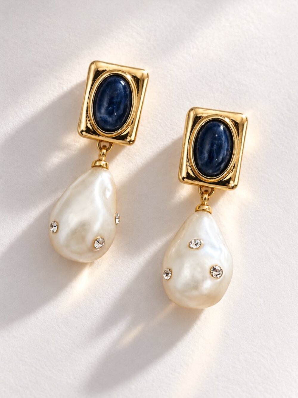 Anthropologie 18K Gold Blue Gem Pearl Crystal Drop Earrings NEW